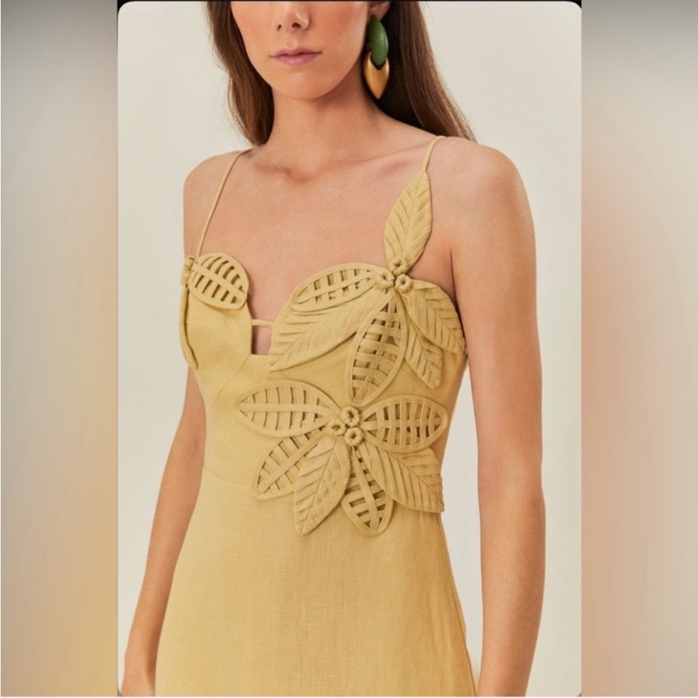Farm Rio Sand 3d Flower Bodice Linen Midi Dress XXS - Picture 2 of 4